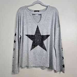Miss Popular Girls Grey/Black Star Long Sleeve W/ Cutout Neckline, Size M ~ NWT